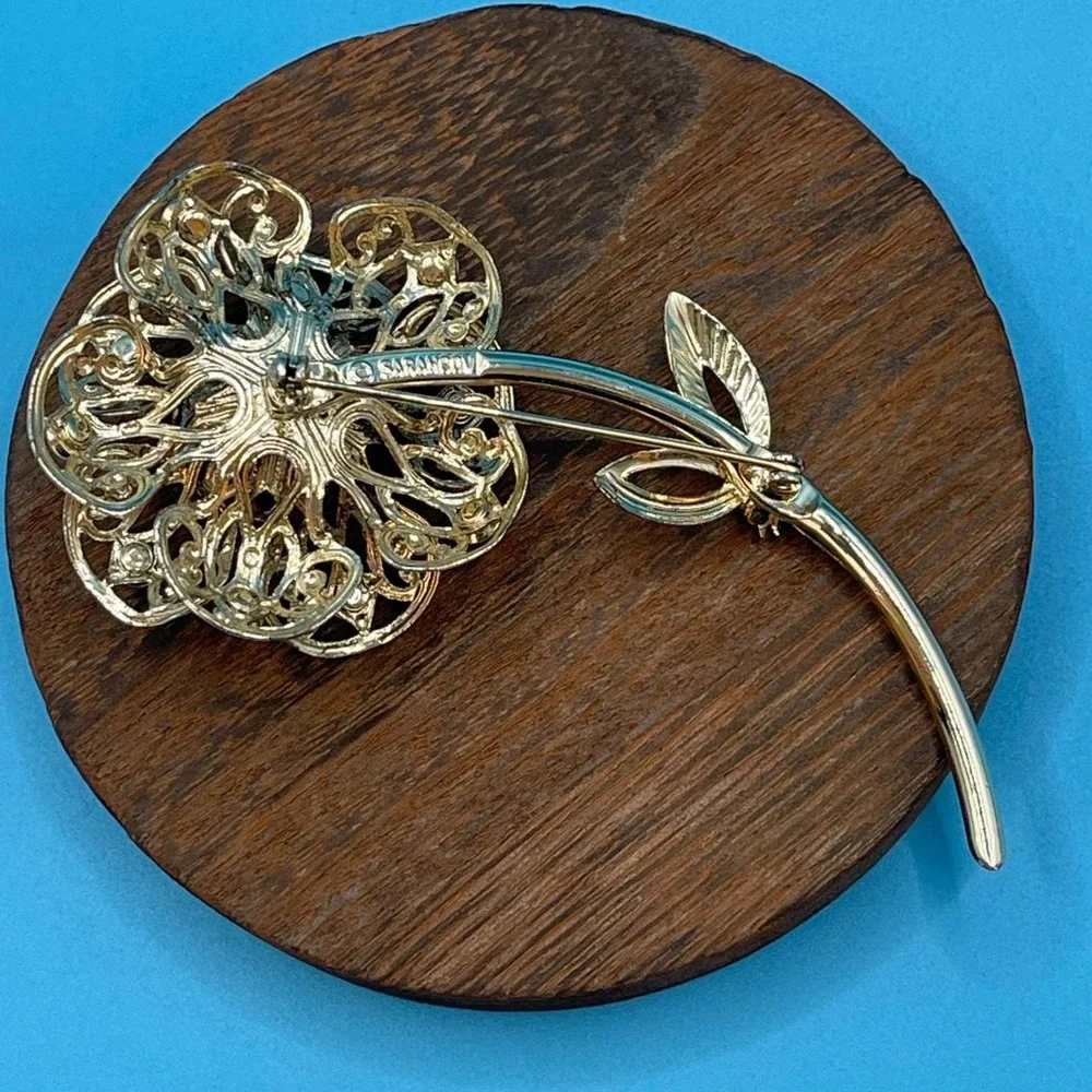 Vintage Sarah Coventry Flower Brooch Gold Aurora Borealis Rhinestone Filigree